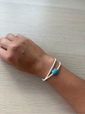 Pandora Leather White Braided Cord Bracelet with Turquoise Heart Charm